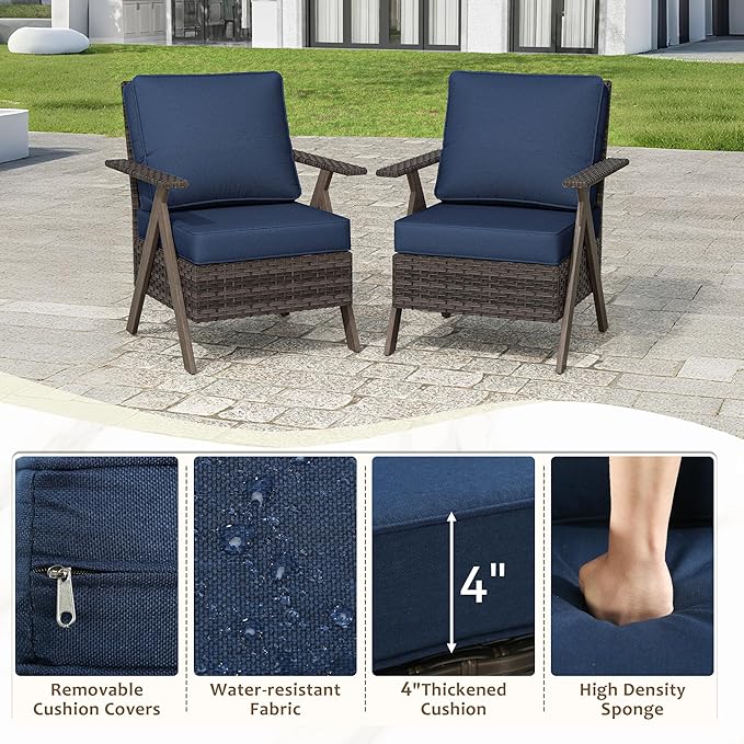 Outdoor Wicker Patio Chairs Set of 2, PE Rattan Patio Dining Chairs with Metal Frame and Deep Seating