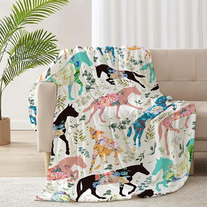 Colorful Floral Horse Blanket for Boys Girls, Flowers Animals Kids Throw Blanket Gift for Child, Fluffy Cozy Soft Lightweight Blankets for Bed Office, 40x50 Inches
