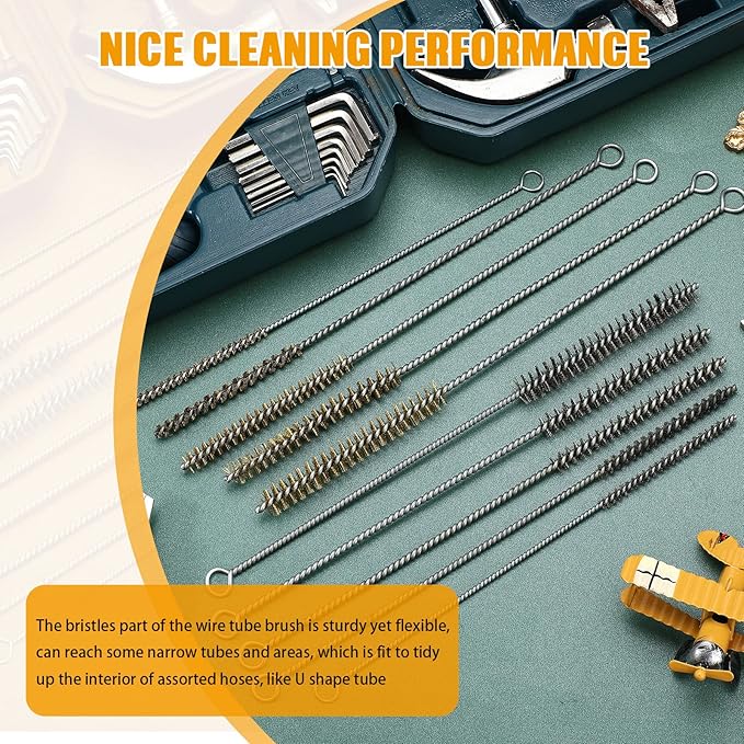 Wire Tube Brushes Bulk for Cleaning Pipe Tube Brass Stainless Steel Round Wire Brush for Auto Parts Christmas, Bottles, Tubes, 5 Sizes(10 Pieces)