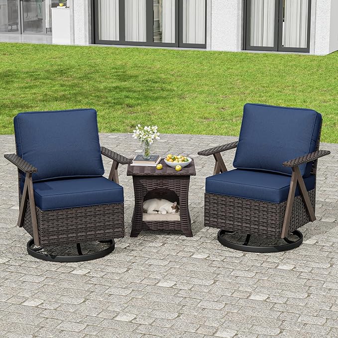 Outdoor Swivel Rocker Chairs, 3 Pieces Wicker Swivel Patio Chair with Rattan Side Table, Patio Furniture Set for Outside Porch Deck