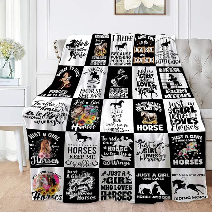 Horse Blanket for Adults,Black White Throw Blanket for Girls Boys Lightweight Animals Soft Cozy Flannel Blanket for Kids 90 * 120 Inches
