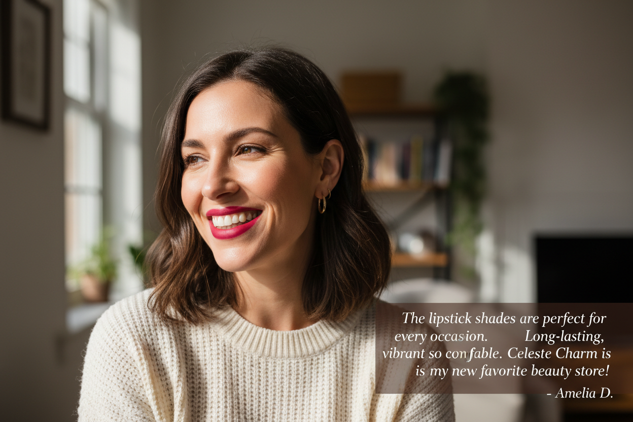 “The lipstick shades are perfect for every occasion. Long-lasting, vibrant, and so comfortable. Celeste Charm is my new favorite beauty store!” -Amelia D. (make it real photo)